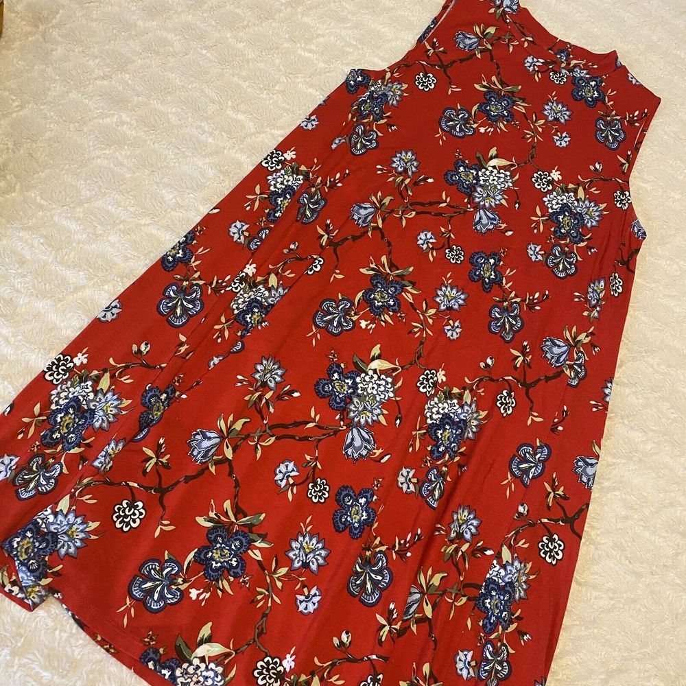 Loft Red Blue Floral Sleeveless Summer Shift Dress Summer Spring High Neck‎ sz 4